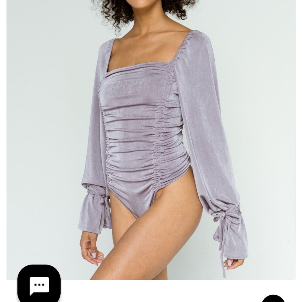 Free People Meant to be Ruched Bodysuit Size S Bell sleeve tie knot Mauve